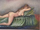 painting of a nude woman laying on a bed with a green blanket