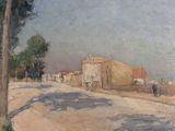 a painting of a street with a horse and carriage on it