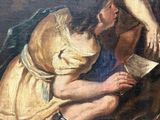 an image of a painting of a man kneeling down reading a book