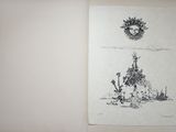 a drawing of a man riding a horse in the desert