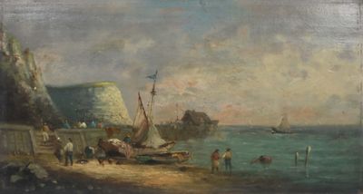 painting of a beach scene with boats and people on the shore