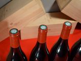several bottles of wine are lined up on a red table