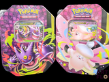 two pokemon tins with different designs on them on a black background