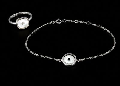 sterling silver bracelet and ring set with white enamel eye