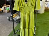 yellow dress hanging on a rack in a clothing store