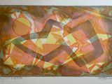 abstract painting of orange, yellow, and brown shapes on a white background