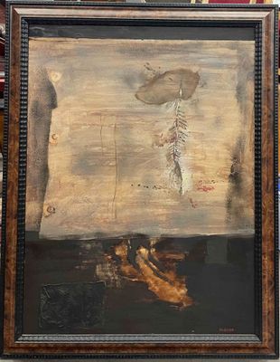 painting of a woman with a hat and feather on a shelf