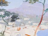 an image of a painting of a beach scene with trees
