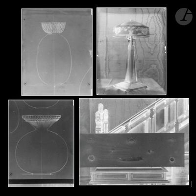 quatre photographies en noir et blanc représentant une table sur laquelle est posée une lampe