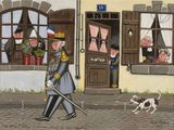 un tableau représentant un homme et un chien marchant dans la rue