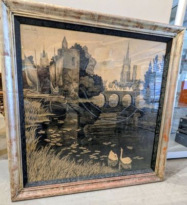 une photo d'une photo représentant un bateau sur une rivière, avec un château en arrière-plan