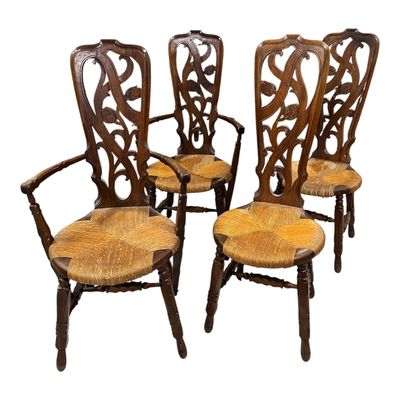 set of four antique chairs with cane backrests and wooden seat
