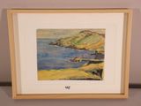 painting of a view of the ocean with a sailboat in the distance