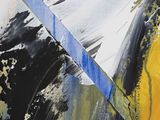 abstract painting of black, yellow, white, and blue lines on a black background