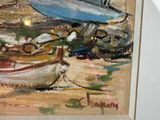 a picture of a painting of boats on the beach