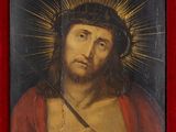 an old painting of jesus holding a sword and wearing a crown of thorns