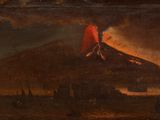 une peinture à l'huile représentant un volcan surmonté d'un parapluie rouge