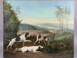 un tableau représentant deux chiens et un chien allongé par terre