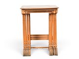 a small wooden table with a marble top on a white background