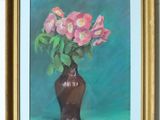 a painting of a vase with pink flowers in it