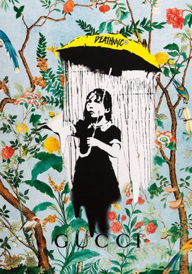 un tableau représentant une femme tenant un parapluie sous la pluie