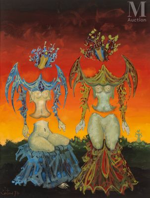 a painting of two women dressed in costumes with flowers on their heads