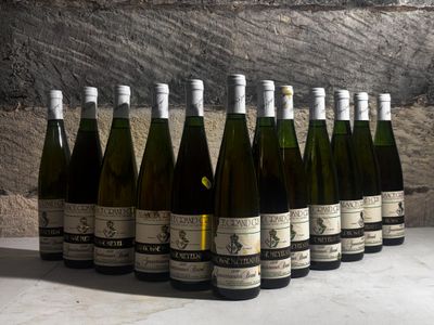 several bottles of wine are lined up in a row on a table