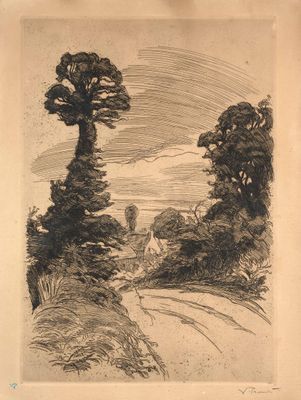 an image of a drawing of a landscape with trees and a road