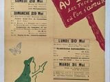 french poster for a theatre showing a frog holding a sign