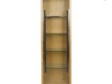 a close up of a tall wooden cabinet with glass shelves