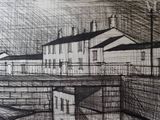 pencil drawing of a bridge over a river with a building in the background
