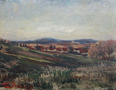 CLAVEL (XXème), "Village sur la colline", huile sur isorel d…