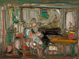 un tableau représentant une femme assise dans une cuisine
