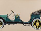 dessin d'une voiture verte avec un toit noir et des roues jaunes
