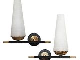 pair of wall sconces in black and gold with white shades