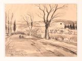 drawing of a landscape with trees and a road in the foreground