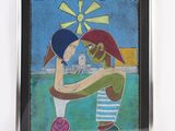 tableau représentant une femme tenant un bébé dans ses bras, avec un moulin à vent en arrière-plan