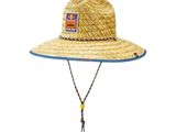 a straw hat with a blue band and a brown cord