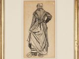 an old drawing of a man in a robe and hat
