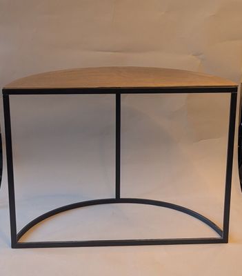 a small table with a wooden top on a white background