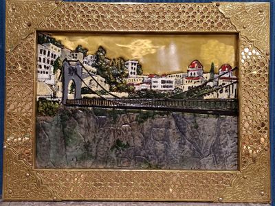 a picture of a painting of a bridge over a river
