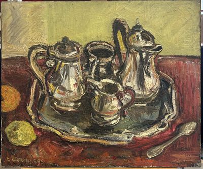 a painting of a silver plate with silverware on it
