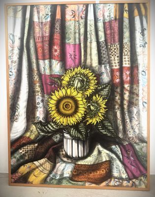 a painting of sunflowers in a vase on a table