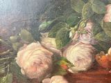 painting of a still life of roses and fruit on a table