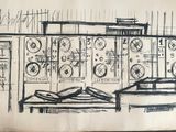 sketches of a drawing of a room with a clock and a table