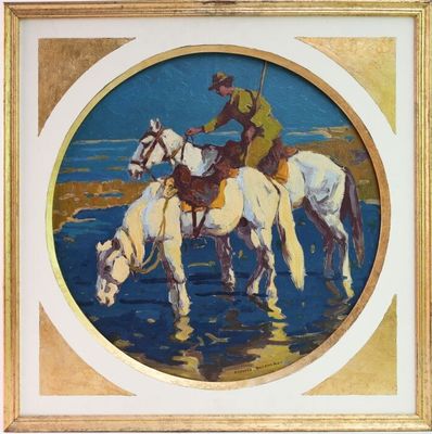 painting of a man riding a horse in the water with another man on a horse