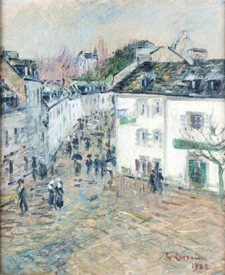 an image of a painting of people walking down a street