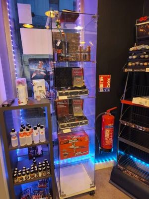 a display case with a lot of liquor bottles on it