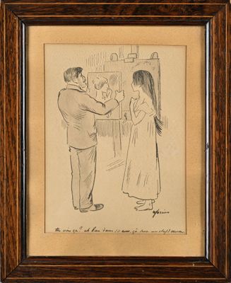 un vieux dessin représentant un homme et une femme debout l'un à côté de l'autre