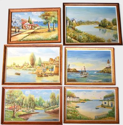 four framed paintings of a river scene with boats on the water